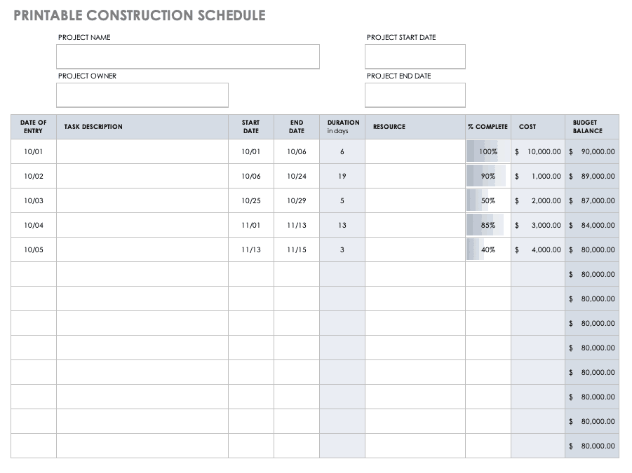 Printable Construction Schedule Template